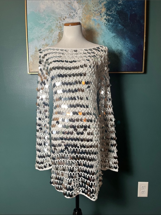 AKIRA Dresses & Skirts - AKIRA Silver White Sequin Crochet Long Sleeve Dress